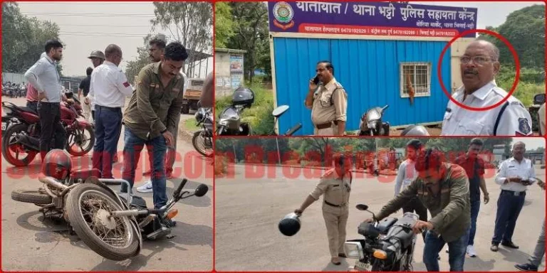Breaking-News-Traffic-police-personnels-bike-at-Boria-Gate-under-Veera-Singhs-truck-created-a-stir