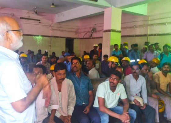 Workers excited to block road at Bokaro Steel Plant on 11th July