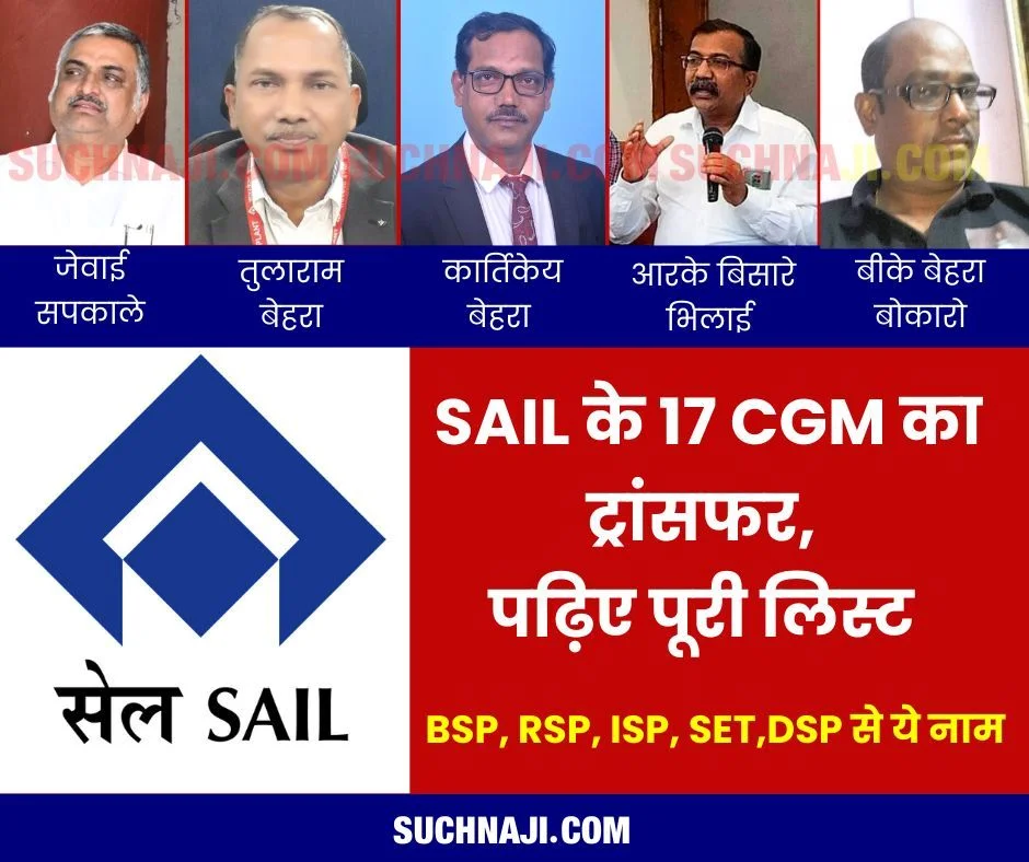 SAIL CGM Transfer List: सीजीएम भिलाई टाउनशिप सपकाले का बर्नपुर, प्लेट मिल के आरके बिसारे का राउरकेला ट्रांसफर, BSL, ISP, DSP, सेट से इनका भी नाम