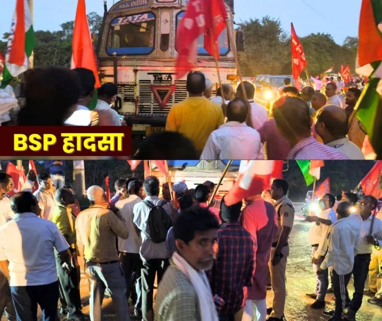 A-terrible-accident-at-BSP-Murga-Chowk-during-the-dharna-a-truck-hit-a-car-many-union-leaders-narrowly-escaped