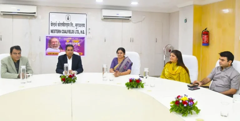 Employees and officers engaged in meditation on World Meditation Day at Western Coalfields Limited