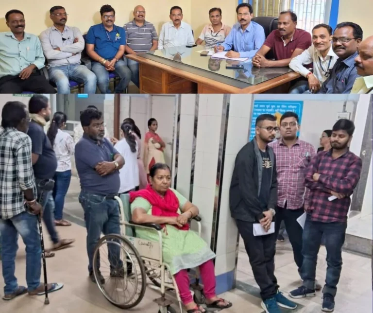 INTUC leaders angry over the disorganization of Sector 9 hospital, standing and waiting for ultrasound, no seating arrangement