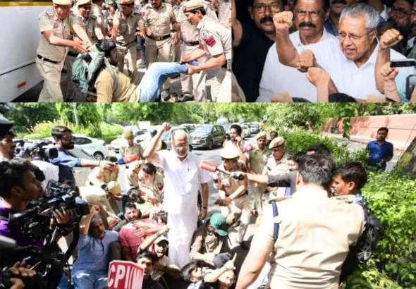 ED Raids Former Kerala Chief Minister Pinarayi Vijayans Residence CPI(M) Protests at ED Headquarters